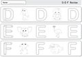 Cartoon dog, doll, elephant, emu, frog and fish. Alphabet tracing worksheet