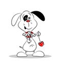 A cartoon dog holding flowers and a love heart