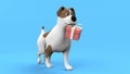 Cartoon dog holding red gift box in mouth isolated on blue background. Pet walk with Christmas, New Year, Birthday, Valentine Royalty Free Stock Photo