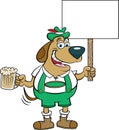 Cartoon dog in lederhosen holding a beer and a sign.