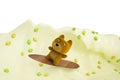 A cartoon dog in Lemon ocean surfing, 3D illustration.