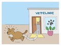 Cartoon dog is scared and runs away from the vet clinic, vector illustration Royalty Free Stock Photo