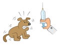 Cartoon dog is scared when it sees the syringe in veterinarian`s hand, vector illustration Royalty Free Stock Photo