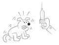 Cartoon dog is scared when it sees the syringe in veterinarian`s hand, vector illustration Royalty Free Stock Photo