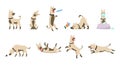 Cartoon dog set. Dogs tricks icons and action training digging dirt eating pet food jumping wiggle sleeping running and Royalty Free Stock Photo