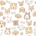 Hand drawn cartoon dog face seamless pattern. various cute dogs.