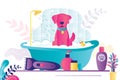 Cartoon dog sitting in bathtub. Domestics pet bathes with rubber duck. Different tools for grooming dogs. Concept of animal care