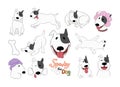 Cartoon dog stickers with a funny bull terrier Sparky isolated on white. Hand drawn vector