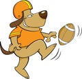 Cartoon dog wearing a football uniform kicking a football.