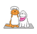 Cartoon dogs with chef hat sitting on a matt. canine accessories vector drawing