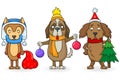 Cartoon dogs with Christmas attributes, painted figures on white background, isolate