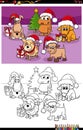 Cartoon dogs group on Christmas time coloring book page Royalty Free Stock Photo