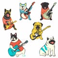 Cartoon dogs playing electric guitars, colorful canine, happy dogs instruments. Variety breeds