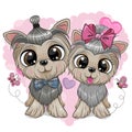 Cartoon Dogs Yorkshire Terrier boy and girl on the heart bakcground