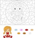 Cartoon doll in red dress. Color by number educational game for