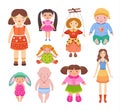 Cartoon dolls. Beautiful girl toy in dress, child baby and cute puppet doll isolated vector illustration set Royalty Free Stock Photo