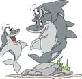 Cartoon dolphin babies playing with their father vector illustration