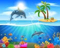 Cartoon dolphin jumping in blue ocean