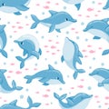 Cartoon dolphin seamless pattern. Cute baby marine print with ocean animal, fish. Dolphins swim and jump. Sea whale dolphin vector Royalty Free Stock Photo