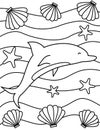 Cute cartoon dolphin, seashell and starfish black and white vector illustration for coloring art Royalty Free Stock Photo