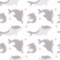 Cartoon dolphins seamless pattern. Cute marine animals. Different poses. Smart funny inhabitants of seas and oceans