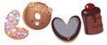 Cartoon vector illustration donut. Hand drawn word LOVE sweet bun. Actual Creative art work bake