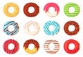 Cartoon donuts. Chocolate doughnut with icing and sprinkles top view. Round sweet dessert for cafe decoration. Donut