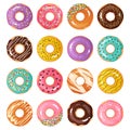 Cartoon donuts. Cute sweet cupcakes. Colorful chocolate decorative desserts with confectionery. Tasty round glazed cakes