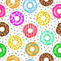 Cartoon donuts pattern. Seamless glazed and sprinkled donuts backdrop, pink, yellow glazed chocolate donut. Sugar icing