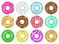 Cartoon donuts. Sweet glaze and sprinkle donuts, chocolate donut with sugar icing. Delicious colorful doughnuts vector Royalty Free Stock Photo