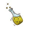 Cartoon doodle bottle with green liquid and bubbles. Isolated icon of magic potion, oil, chemical reagent, drink on white