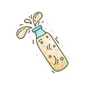 Cartoon doodle bottle with isolated flying splash. Kefir, yogurt or fermented baked milk on white background. Hand drawn vector