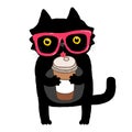 Cartoon doodle cat with hipster glasses and coffee