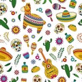 Cinco de Mayo celebration in Mexico. Cartoon doodle collection objects for Cinco de Mayo parade with pinata, maracas