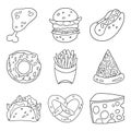 Cartoon doodle fast food set. Design element. Vector illustration isolated on a white background. Royalty Free Stock Photo