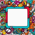 cartoon doodle frame with colorful monsters and other objects