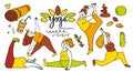 Cartoon doodle of a full woman doing yoga in different poses