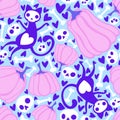 Cartoon doodle Halloween seamless cats and pumpkins and skulls and bones pattern for wrapping paper