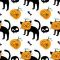 Cartoon doodle Halloween seamless cats and pumpkins and skulls and bones pattern for wrapping paper