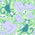 Cartoon doodle Halloween seamless cats and pumpkins and skulls and bones pattern for wrapping paper