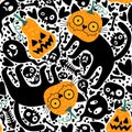 Cartoon doodle Halloween seamless cats and pumpkins and skulls and bones pattern for wrapping paper