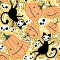 Cartoon doodle Halloween seamless cats and pumpkins and skulls and bones pattern for wrapping paper