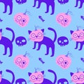 Cartoon doodle Halloween seamless cats and pumpkins and skulls and bones pattern for wrapping paper