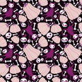 Cartoon doodle Halloween seamless cats and pumpkins and skulls and bones pattern for wrapping paper