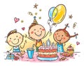 Cartoon doodle happy kids birthday party with a big cake Royalty Free Stock Photo
