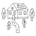 Cartoon doodle house and garden with trees isolated on white background