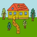 Cartoon doodle house and garden with trees