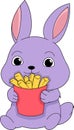 cartoon doodle illustration, purple rabbit is carrying delicious french fries