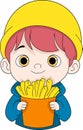cartoon doodle illustration, toddler boy is carrying delicious french fries