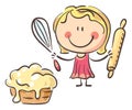 Cartoon doodle kid clipart. Girl and dough, preparing baking, isolated on white